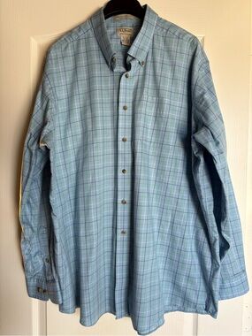 LL Bean Button Down Shirt Men's 2XL Blue Plaid Long Sleeve Wrinkle Resistant